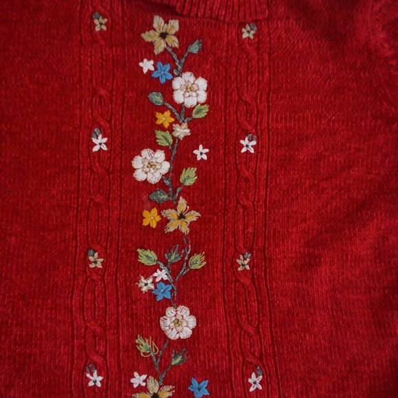 Vintage Alfred Dunner Red Floral Embroidered Chenille Knit Sweater Grandmacore L - Picture 6 of 9